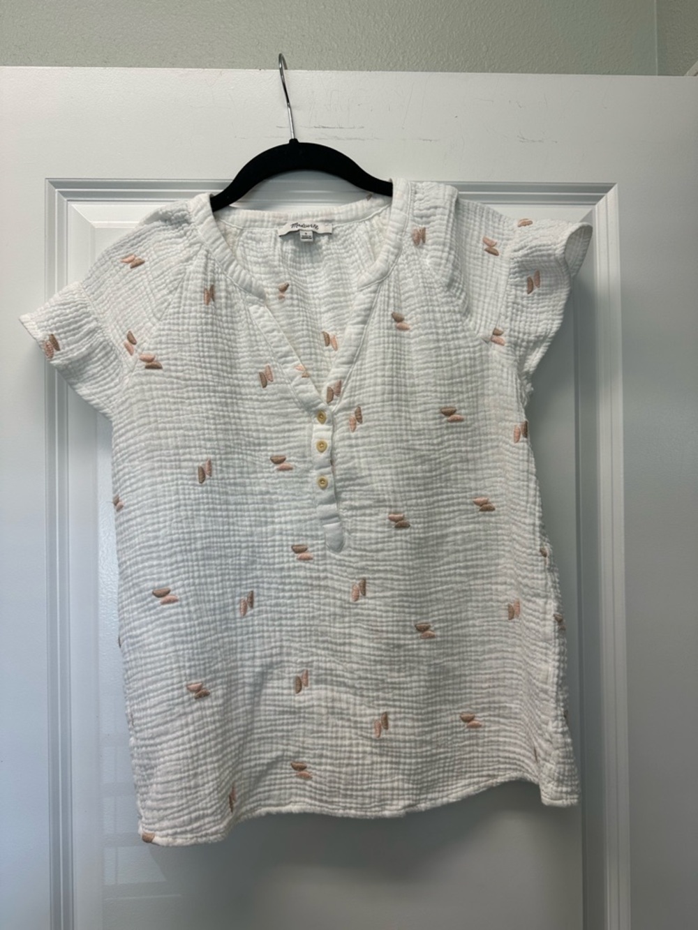 Madewell White Textured Henley with Blush Embroidery butterfly